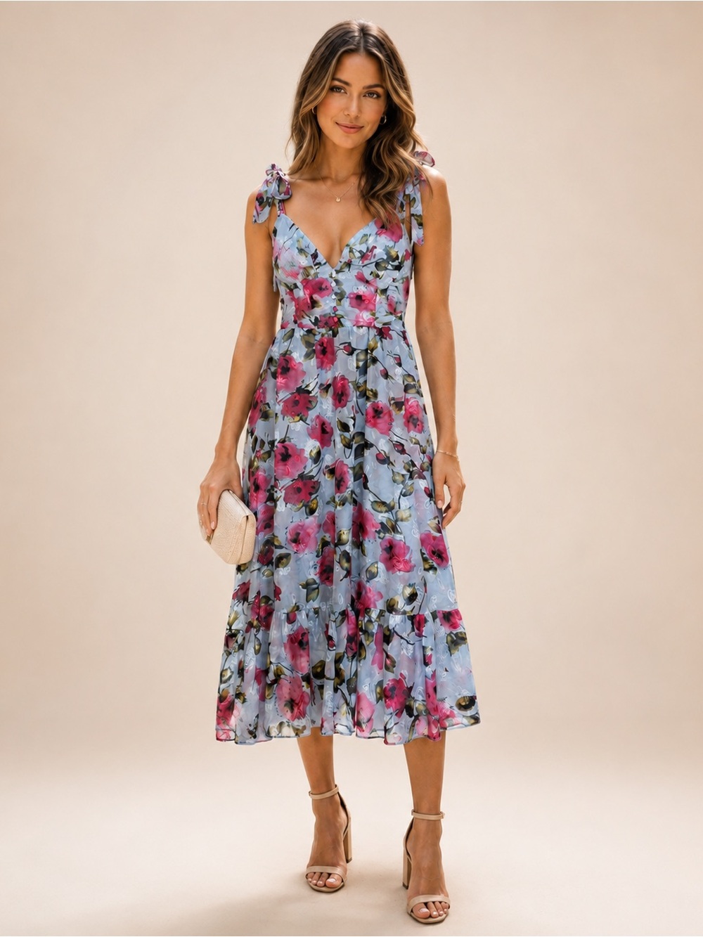 Lulus Women’s Large Light Blue Floral Tie-Strap Midi Dress Garden Party Wedding